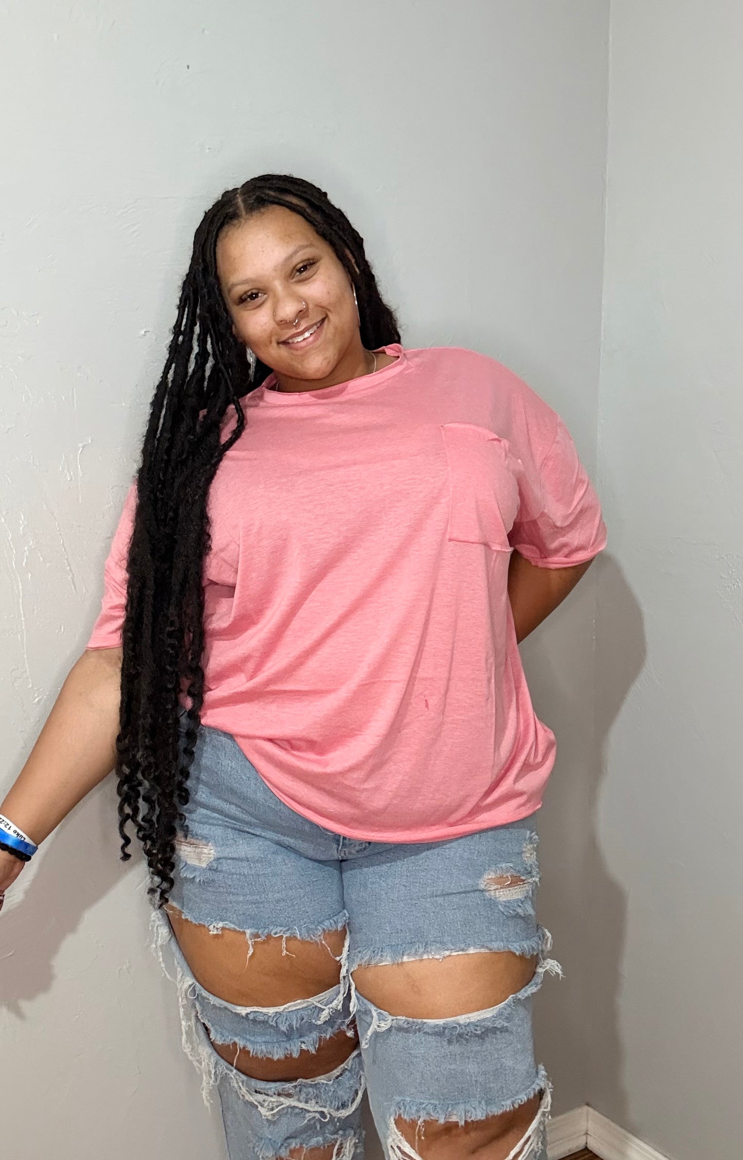 Plus Oversized Front Pocket Boyfriend Tee-Desert Rose