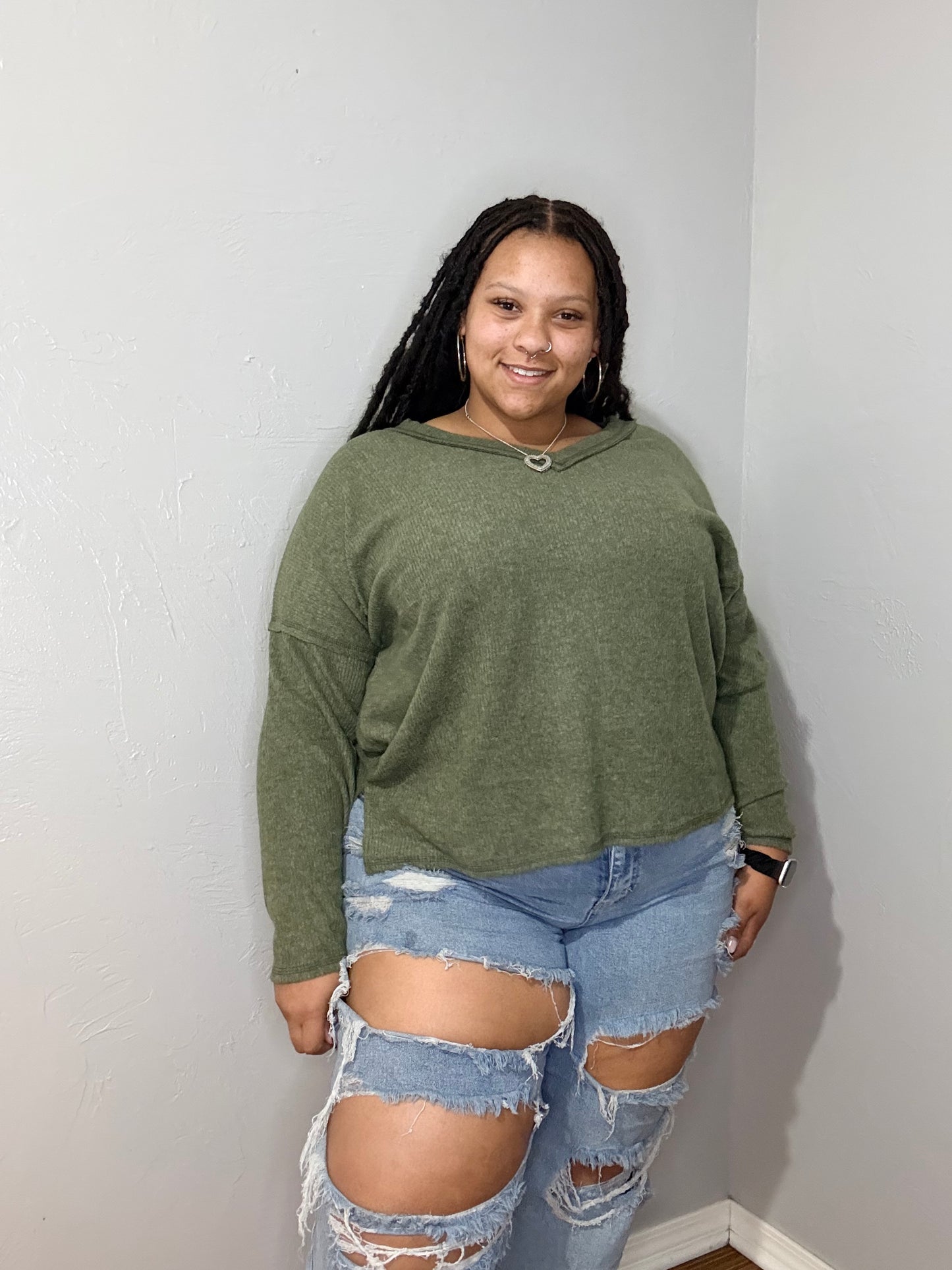 Ribbed V-Neck Olive Green Long Sleeve