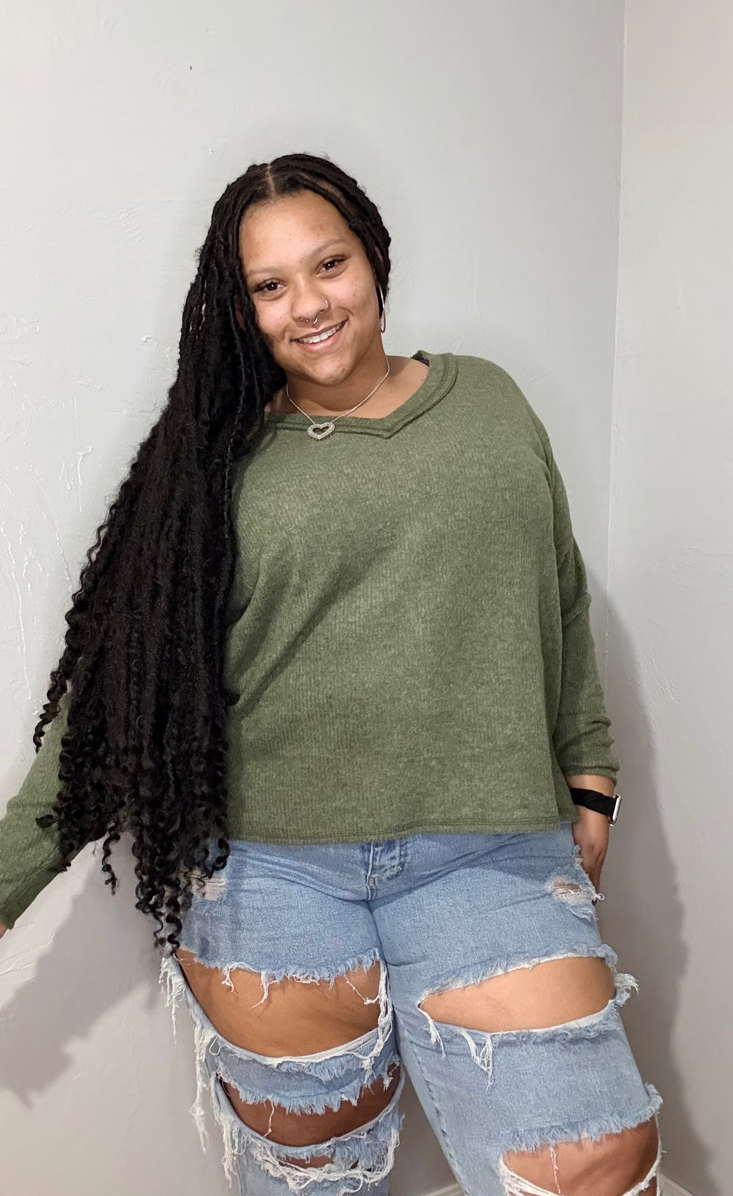 Ribbed V-Neck Olive Green Long Sleeve