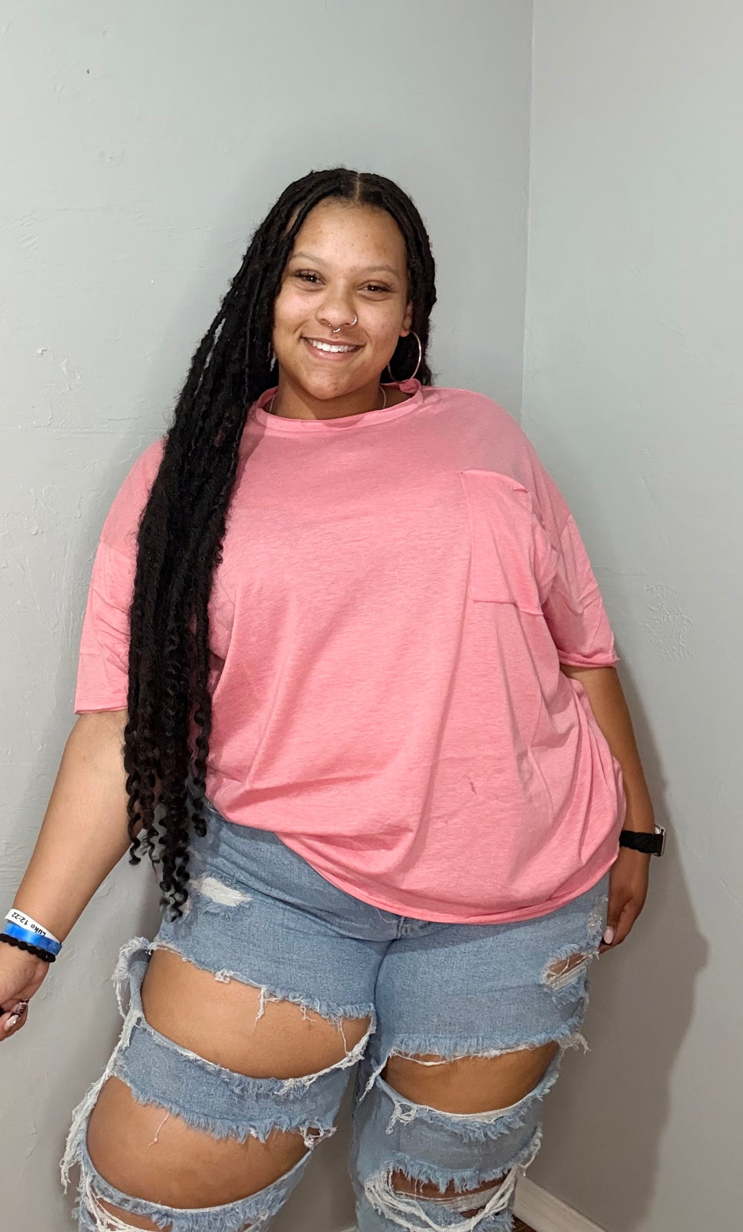 Plus Oversized Front Pocket Boyfriend Tee-Desert Rose