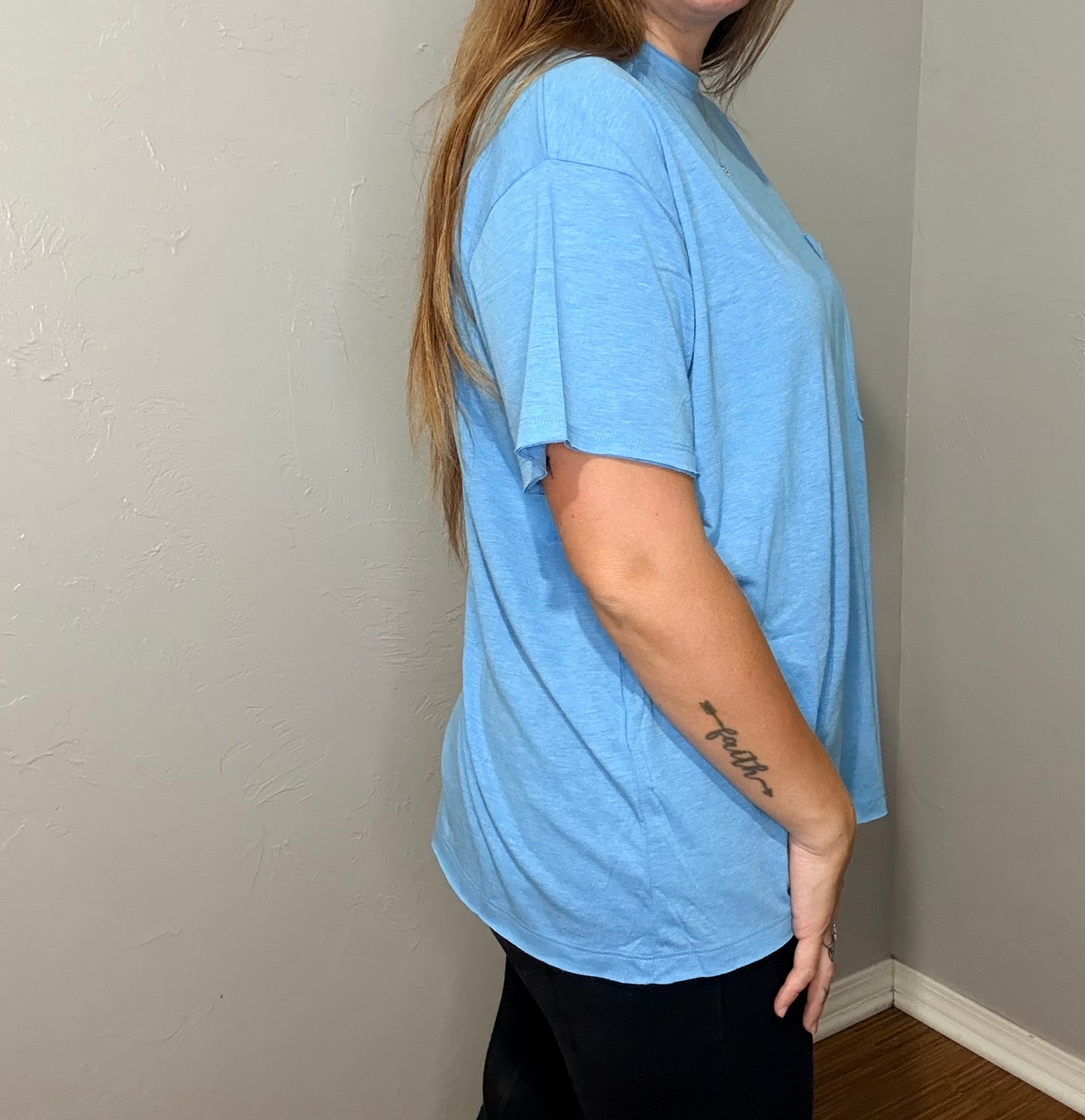 Oversized Front Pocket Boyfriend Tee-Deep Sky Blue