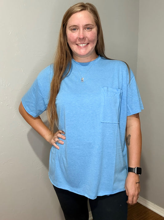 Oversized Front Pocket Boyfriend Tee-Deep Sky Blue