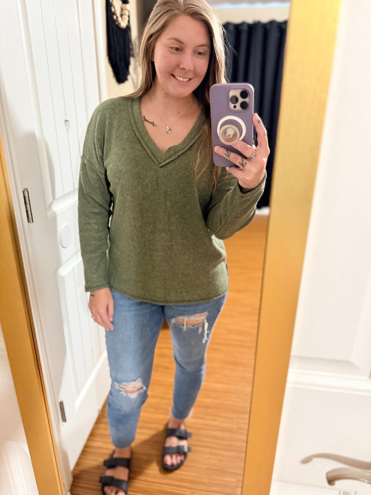 Ribbed V-Neck Olive Green Long Sleeve