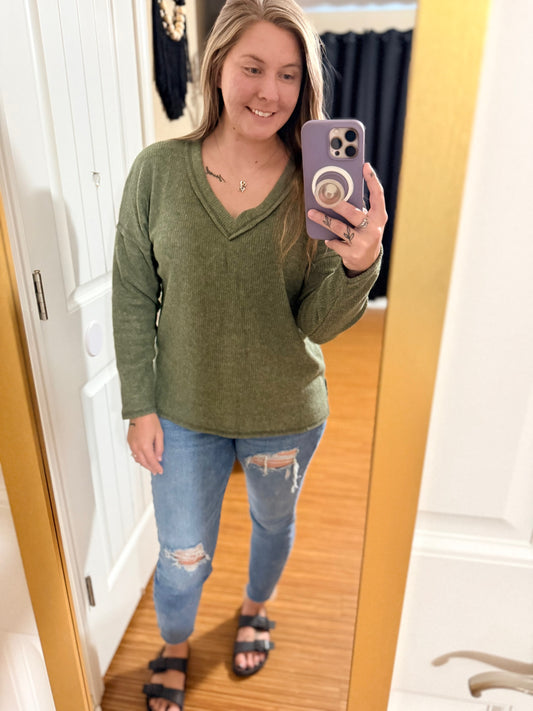 Ribbed V-Neck Olive Green Long Sleeve