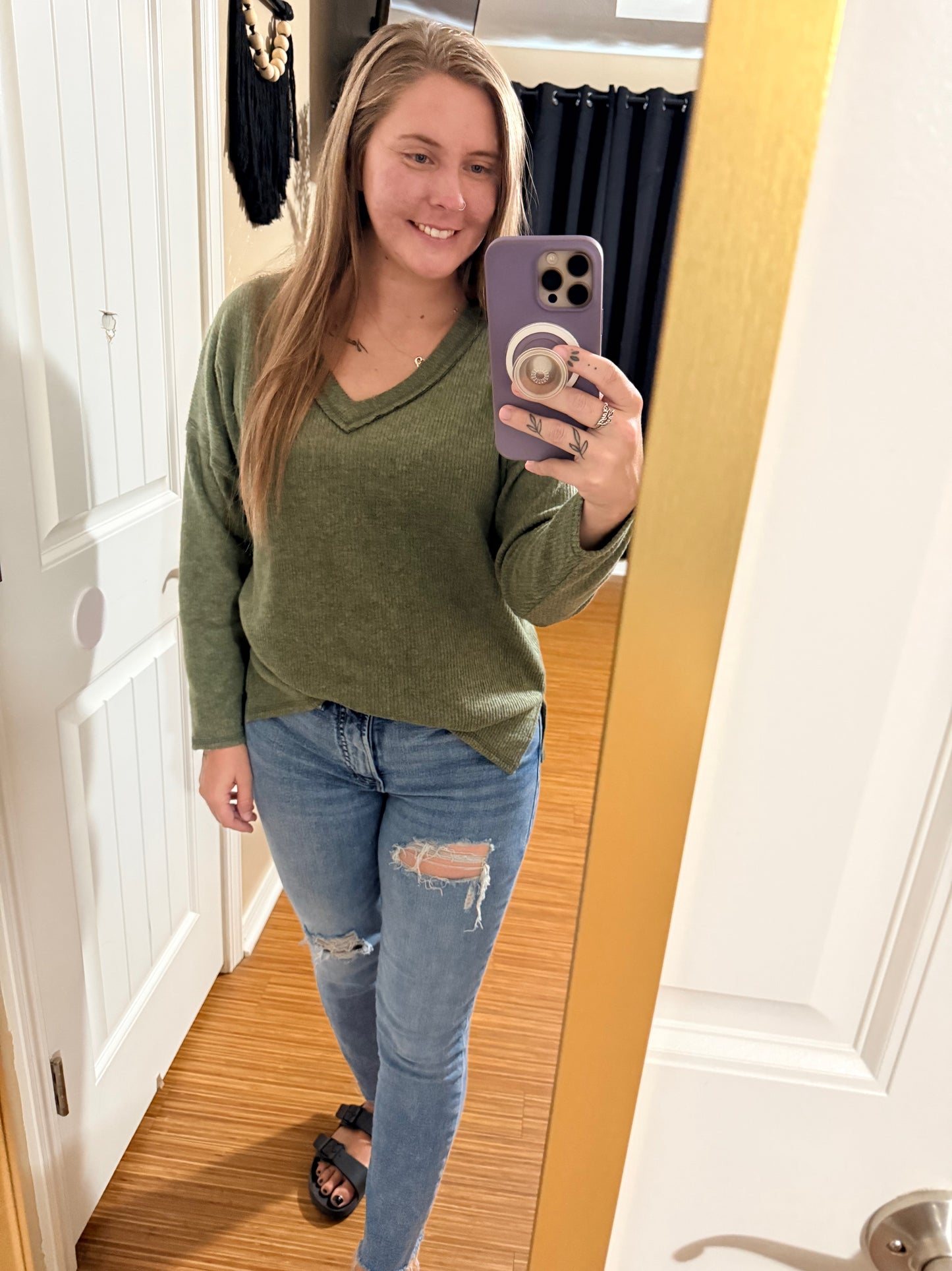 Ribbed V-Neck Olive Green Long Sleeve